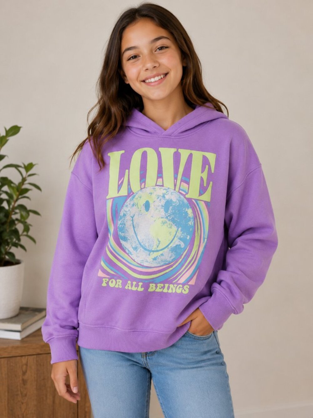 Justice Girls Large (12/14) Purple LOVE Graphic Hoodie Fleece Pullover Sweatshir